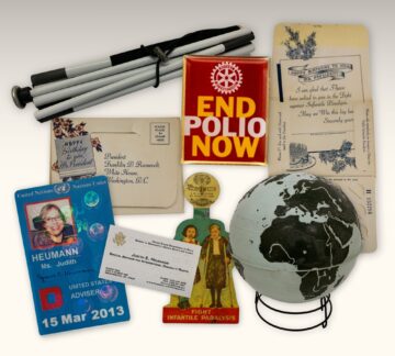 Collage of items related to disability pride month and polio eradication campaigns