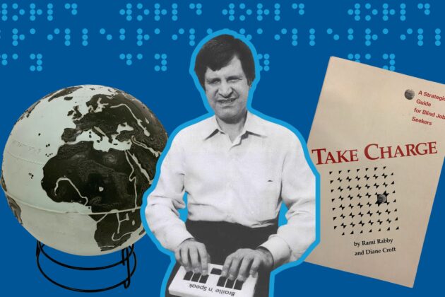 a graphic with Rabby typing on a braille machine, a braille globe, and a book that says take charge, with braille in the background that says world braille day