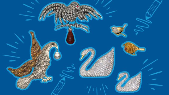 Illustration with bejeweled brooches and blue squiggles