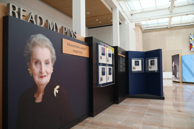 Secretary Albright's photo in the Read My Pins exhibit at the National Museum of American Diplomacy