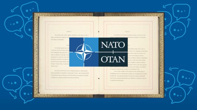 A blue illustrated graphic showing the NATO logo, the NATO treaty, and speech bubbles with connected arrows.