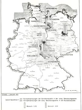 Karte zur Darstellung der Empfangsgebiete von West-Fernsehen in der DDR und von Sendungen aus der DDR in Westdeutschland