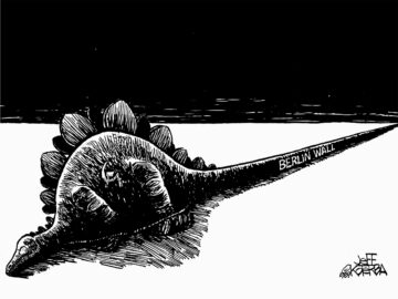 Schwarz-weiß-Zeichnung eines toten Dinosauriers, auf dessen Schwanz auf Englisch „Berliner Mauer“ steht