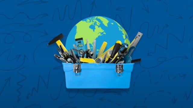 a toolbox with a globe in the background