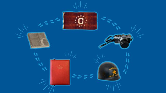 illustration of a flag, camera, helmet, journal, and piece of concrete with footsteps in between