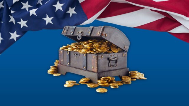 open chest with gold coins with an American flag background