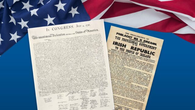 Picture of U.S. declaration of independence and Proclamation of the Irish Republic with american flag background
