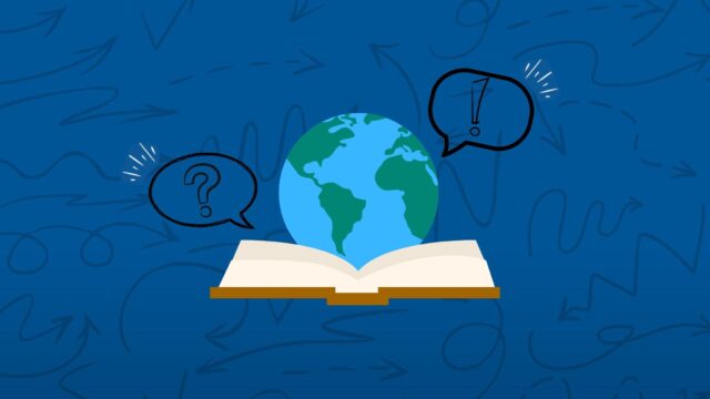 globe and an open book with question marks
