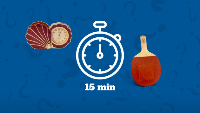 blue background with stopwatch with 15 minutes written underneath and ping pong paddle and clock