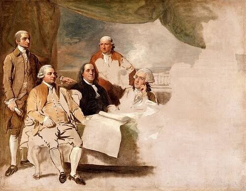 Benjamin West, American Commissioners of the Preliminary Peace Agreement with Great Britain, 1783-1784, London, England. (oil on canvas, unfinished sketch), Winterthur Museum, Winterthur, Delaware, gift of Henry Francis du Pont. From left to right: John Jay, John Adams, Benjamin Franklin, Henry Laurens, and William Temple Franklin. The British commissioners refused to pose, and the picture was never finished.