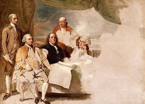 Benjamin West, American Commissioners of the Preliminary Peace Agreement with Great Britain, 1783-1784, London, England. (oil on canvas, unfinished sketch), Winterthur Museum, Winterthur, Delaware, gift of Henry Francis du Pont. From left to right: John Jay, John Adams, Benjamin Franklin, Henry Laurens, and William Temple Franklin. The British commissioners refused to pose, and the picture was never finished.