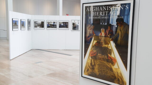 A wall of framed posters and images in a museum