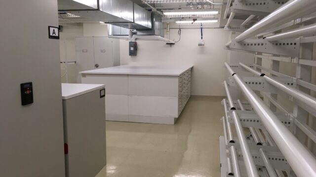 A basement storage facility with open shelves and cabinets