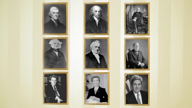 Collage of black and white photos of different secretary portraits