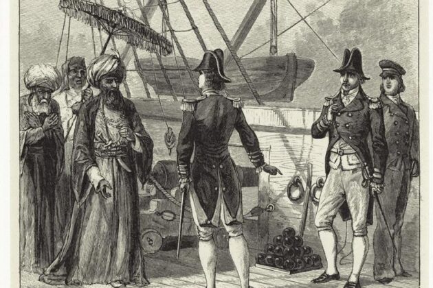 Illustration of diplomats and barbary pirates from 1881