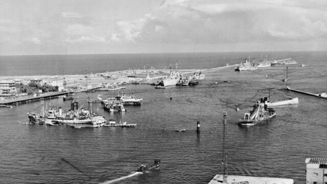 Photograph depicting naval blockade in Suez Canal as part of Operation Musketeer.