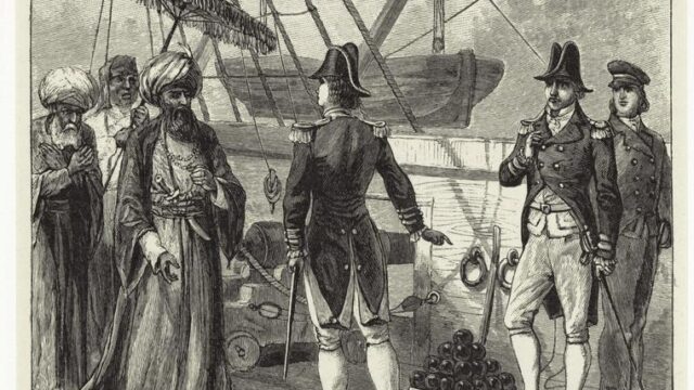 lithograph of sailors on ship