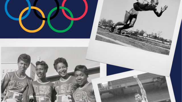 Photo collage of olympians posing and running.