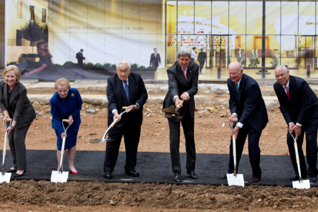 Secretaries of State Hillary Rodham Clinton, Madeleine Albright, Henry Kissinger, John Kerry, James A. Baker III, and Colin Powell participate in the groundbreaking ceremony