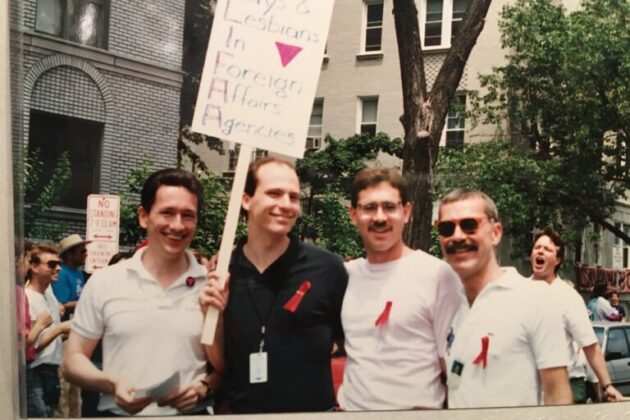 glifaa founders attend the 1992 Pride Parade in Washington, D.C. Left to right- Jan Krc, Bryan Dalton, David Larson, and David Buss.