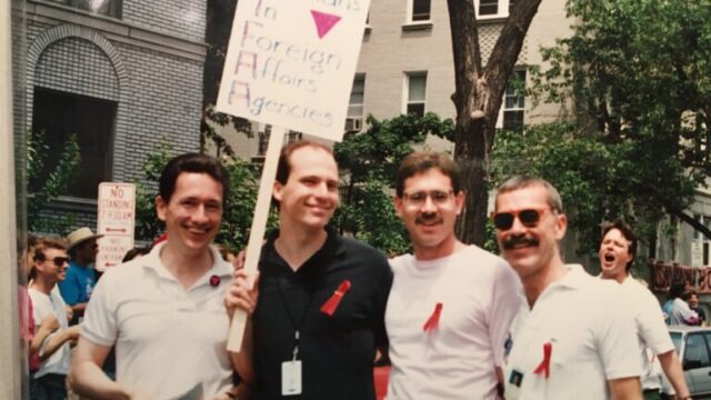 glifaa founders attend the 1992 Pride Parade in Washington, D.C. Left to right- Jan Krc, Bryan Dalton, David Larson, and David Buss.