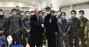 U.S. Mission to Japan Chargé d’Affaires Joe Young with the Japanese military who facilitated services to U.S. citizens on cruise ships.