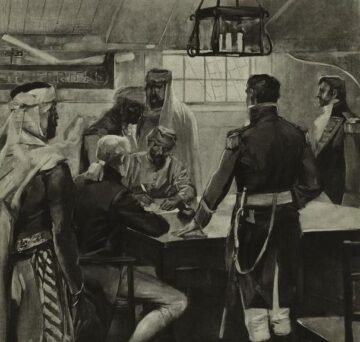 A drawing of the signing of a treaty