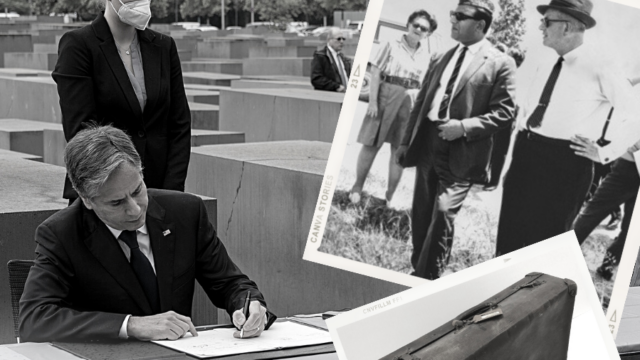 Photo collage of Sec. Blinken at Holocaust memorial and image of Amb. Neumann and his suitcase