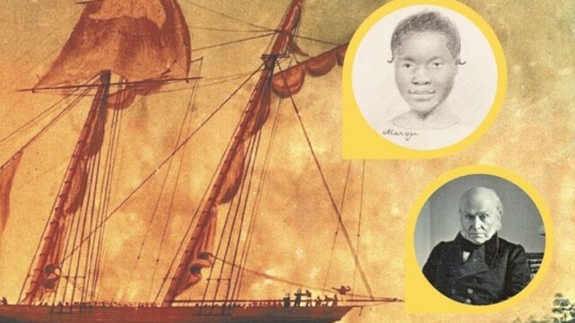 graphic with amistad ship and two portraits